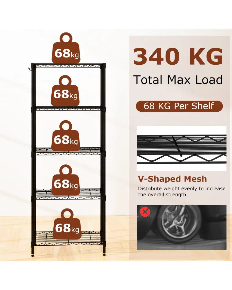 5-Tier Metal Storage Shelving Unit Set of 2 with V-Shaped Wire Rack-Black - Black - Garages