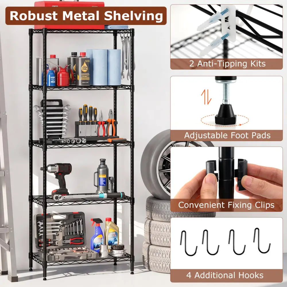5-Tier Metal Storage Shelving Unit Set of 2 with V-Shaped Wire Rack-Black - Black - Garages