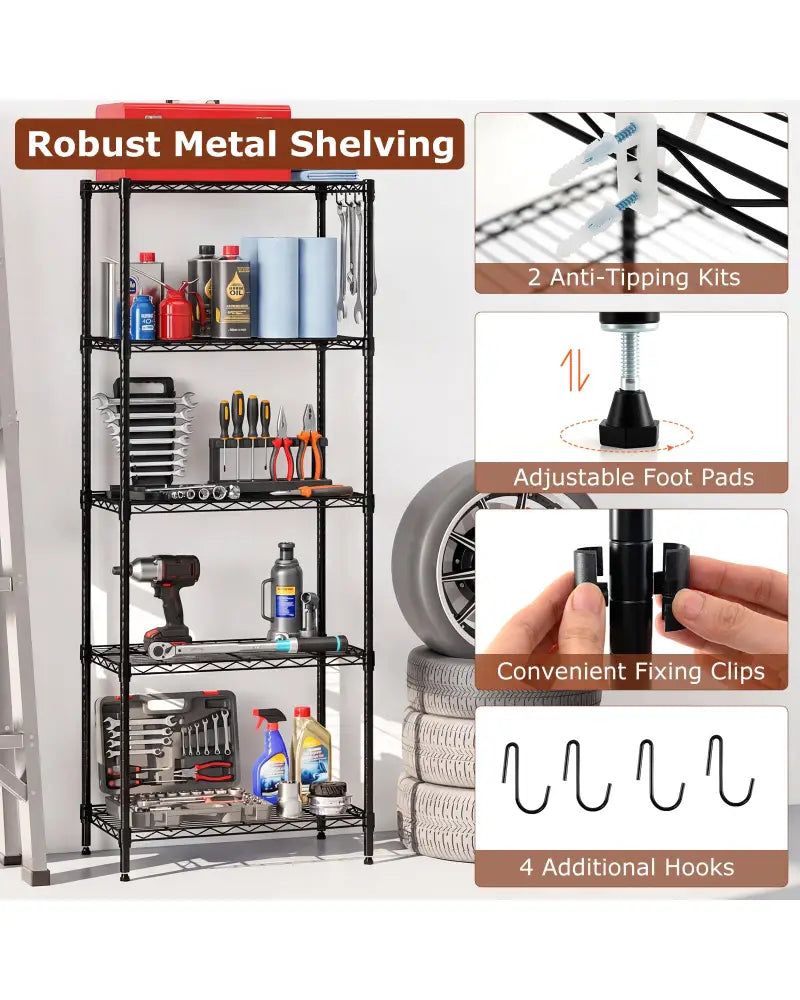 5-Tier Metal Storage Shelving Unit Set of 2 with V-Shaped Wire Rack-Black - Black - Garages