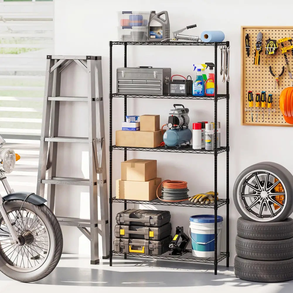 5-Tier Metal Storage Shelving Unit with V-Shaped Wire Rack and 1250 LBS Capacity-Black - Black - Garages