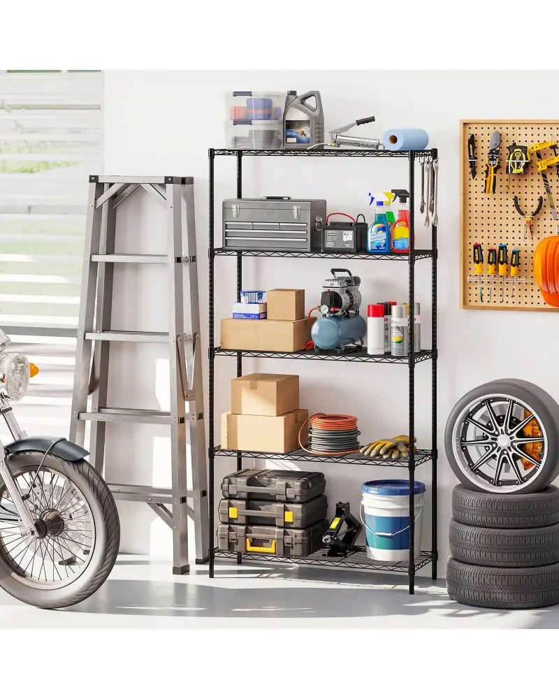 5-Tier Metal Storage Shelving Unit with V-Shaped Wire Rack and 1250 LBS Capacity-Black - Black - Garages