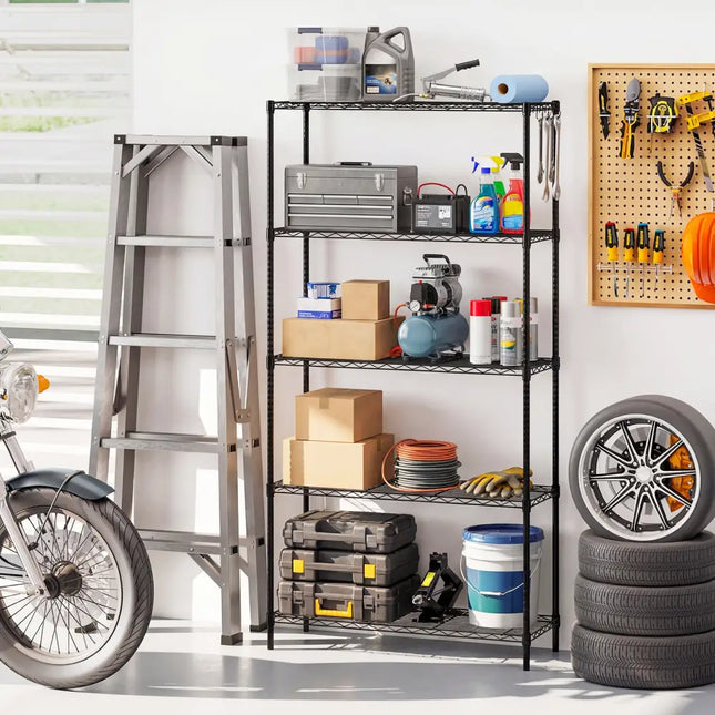 5-Tier Metal Storage Shelving Unit with V-Shaped Wire Rack and 1250 LBS Capacity-Black - Black - Garages