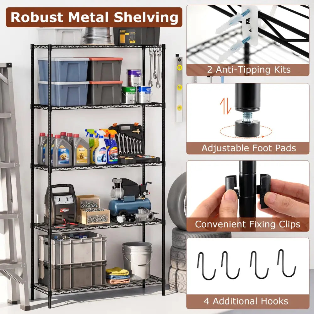 5-Tier Metal Storage Shelving Unit with V-Shaped Wire Rack and 1250 LBS Capacity-Black - Black - Garages