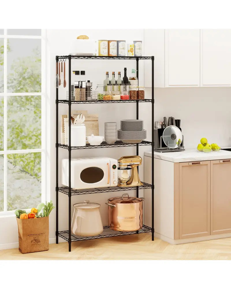 5-Tier Metal Storage Shelving Unit with V-Shaped Wire Rack and 1250 LBS Capacity-Black - Black - Garages