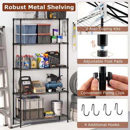 5-Tier Metal Storage Shelving Unit with V-Shaped Wire Rack and 1250 LBS Capacity-Black - Black - Garages