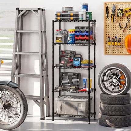 5-Tier Metal Storage Shelving Unit with V-Shaped Wire Rack and 750 LBS Capacity-Black - Black - Garages