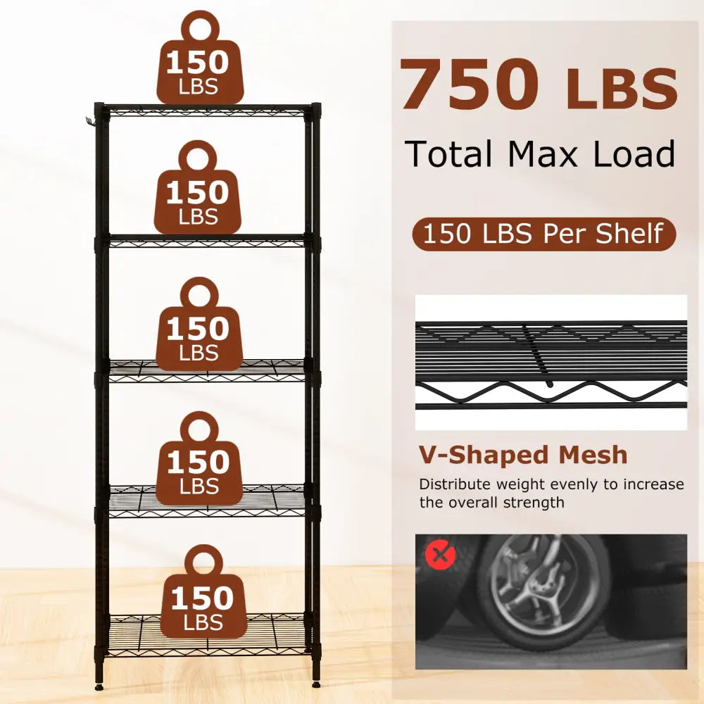5-Tier Metal Storage Shelving Unit with V-Shaped Wire Rack and 750 LBS Capacity-Black - Black - Garages