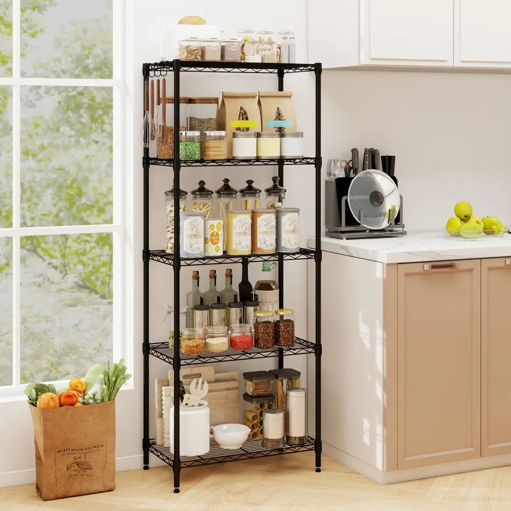 5-Tier Metal Storage Shelving Unit with V-Shaped Wire Rack and 750 LBS Capacity-Black - Black - Garages