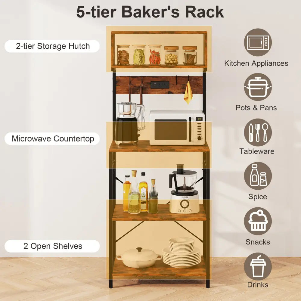 5-Tier Microwave Stand with Power Outlet and 10 S-shape Hooks-Rustic Brown - Rustic Brown - Baker’s Racks