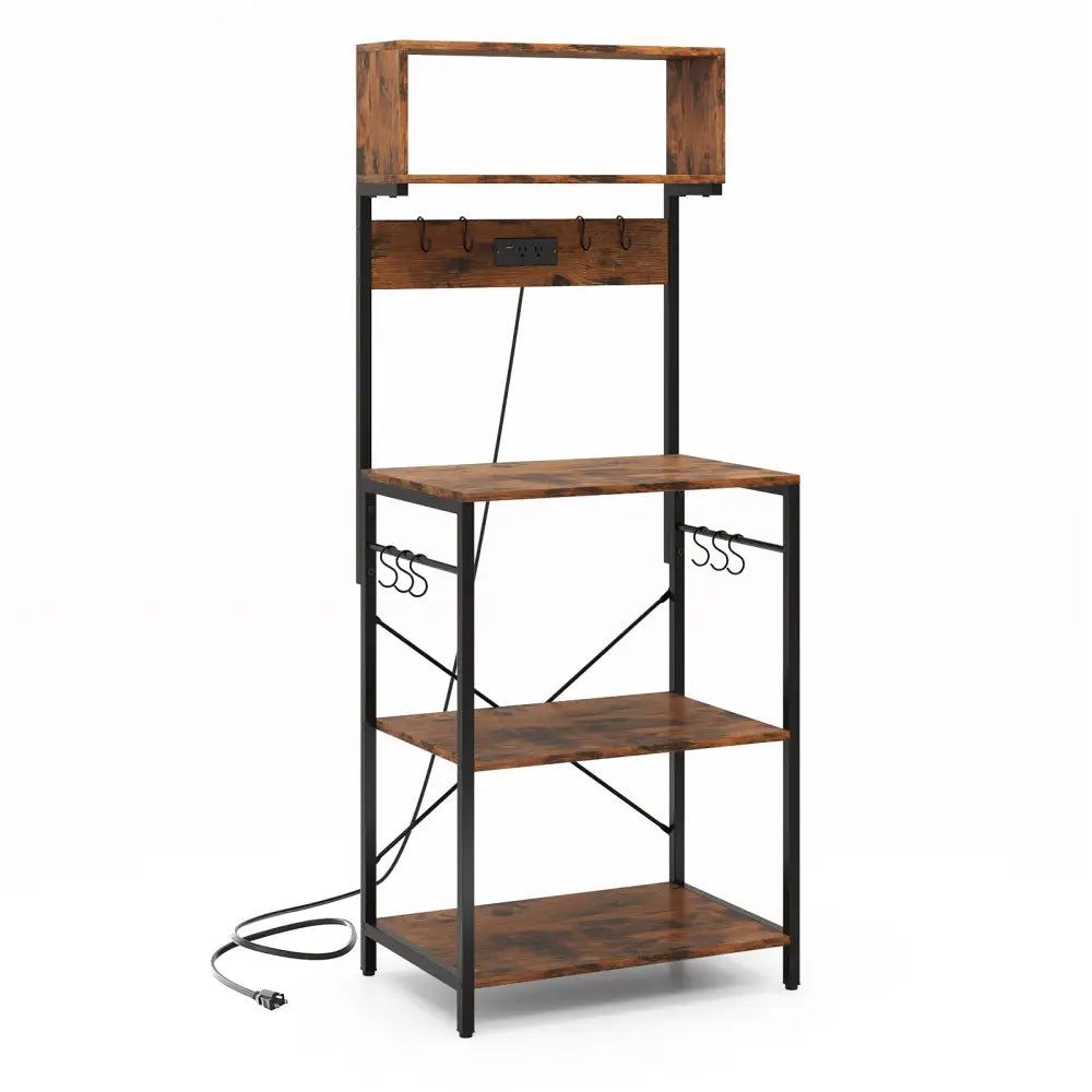 5-Tier Microwave Stand with Power Outlet and 10 S-shape Hooks-Rustic Brown - Rustic Brown - Baker’s Racks
