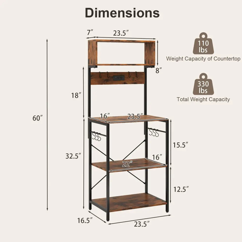 5-Tier Microwave Stand with Power Outlet and 10 S-shape Hooks-Rustic Brown - Rustic Brown - Baker’s Racks