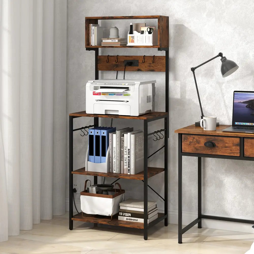 5-Tier Microwave Stand with Power Outlet and 10 S-shape Hooks-Rustic Brown - Rustic Brown - Baker’s Racks