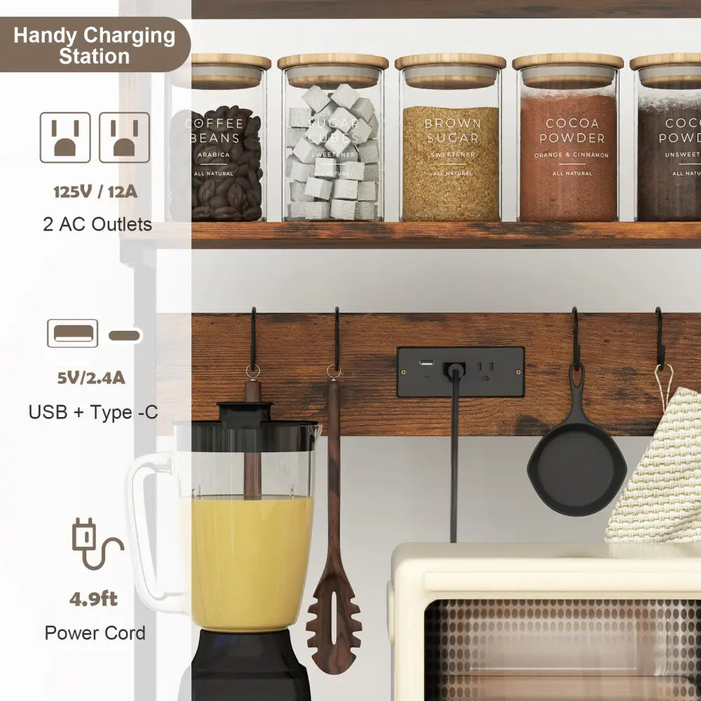 5-Tier Microwave Stand with Power Outlet and 10 S-shape Hooks-Rustic Brown - Rustic Brown - Baker’s Racks