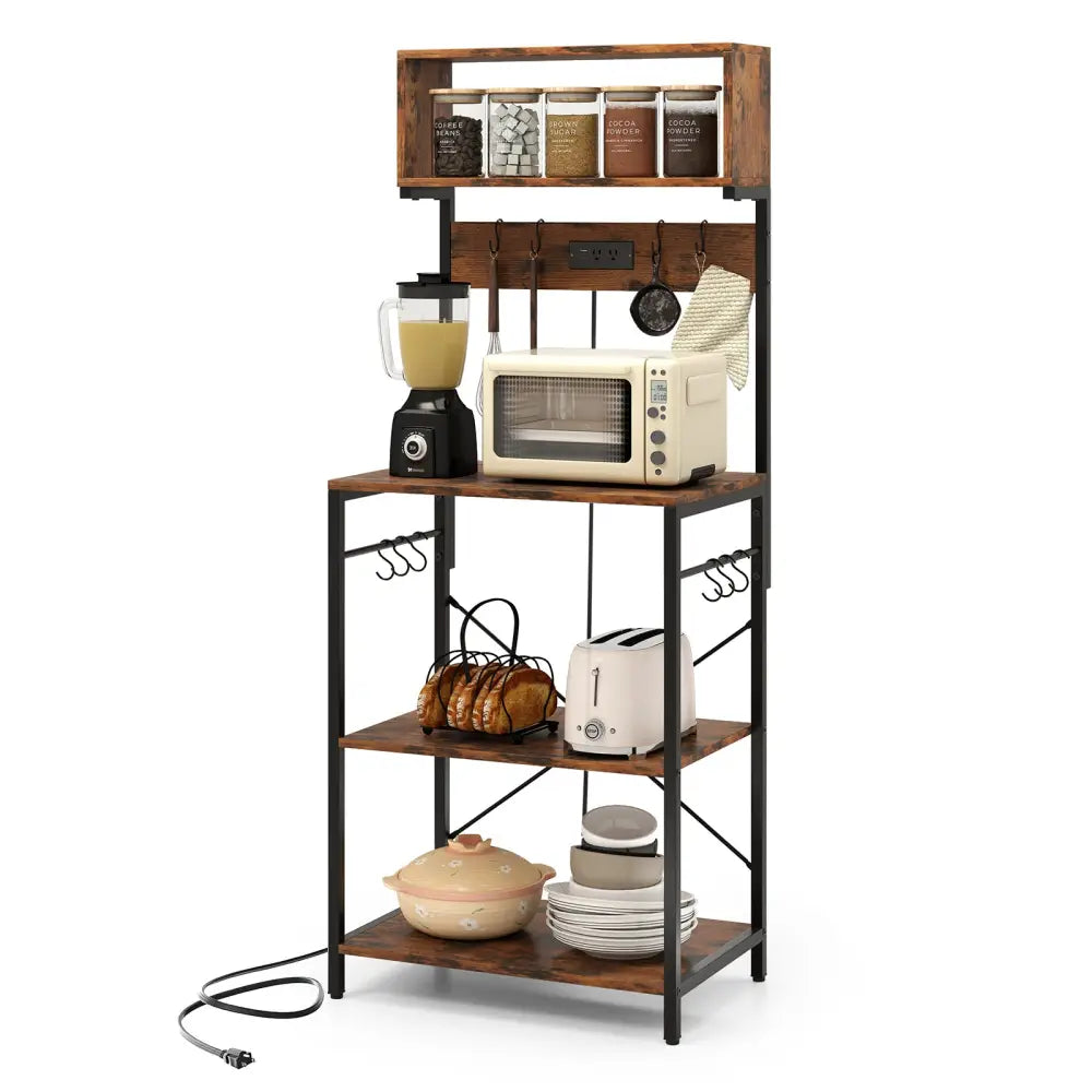 5-Tier Microwave Stand with Power Outlet and 10 S-shape Hooks-Rustic Brown - Rustic Brown - Baker’s Racks
