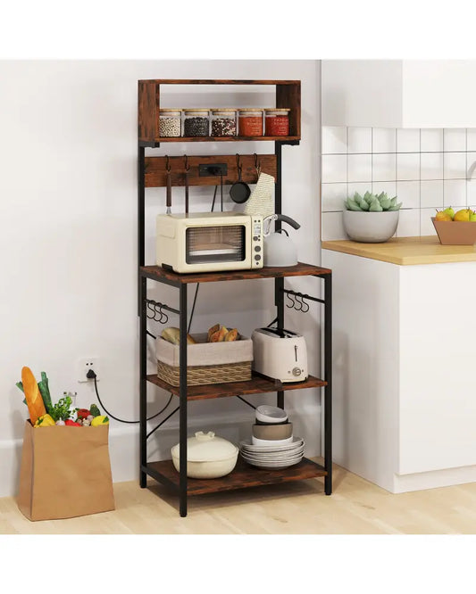 5-Tier Microwave Stand with Power Outlet and 10 S-shape Hooks-Rustic Brown - Rustic Brown - Baker’s Racks