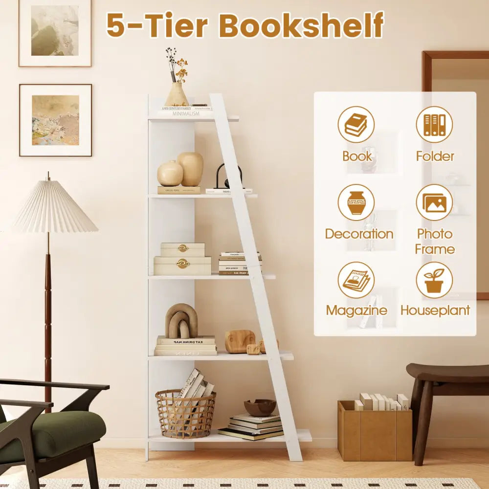 5-Tier Modern Bookshelf Narrow Vertical Display Shelf for Small Space-White - White - Bookcases