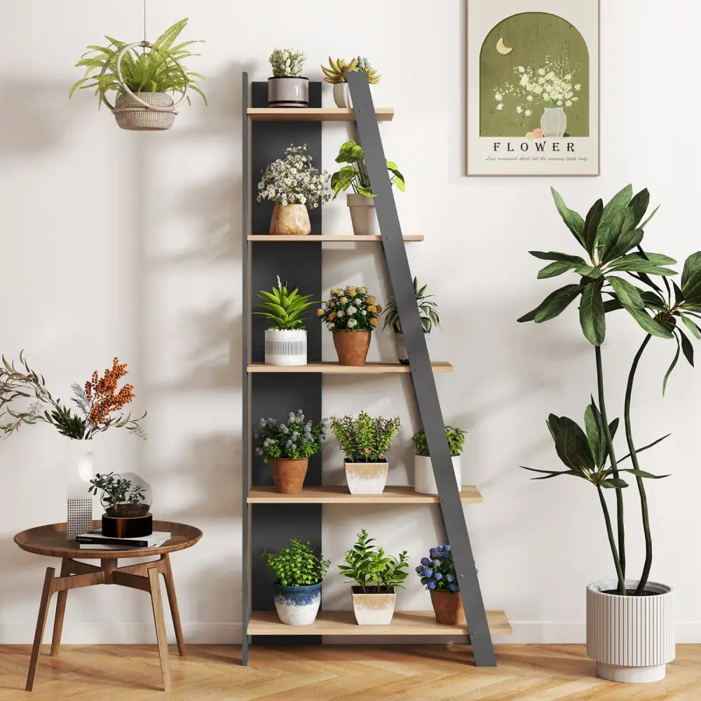 5-Tier Modern Bookshelf Narrow Vertical Display Shelf for Small Space-Gray - Gray - Bookcases