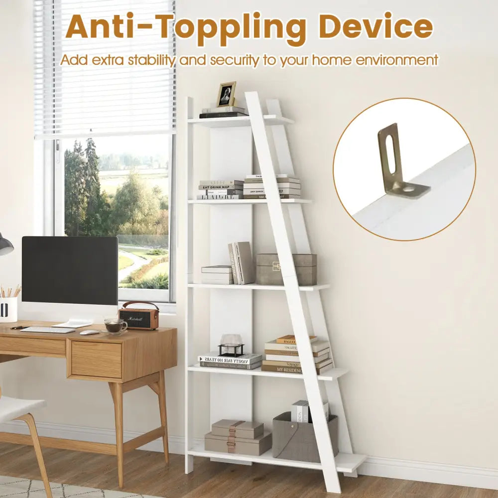 5-Tier Modern Bookshelf Narrow Vertical Display Shelf for Small Space-White - White - Bookcases