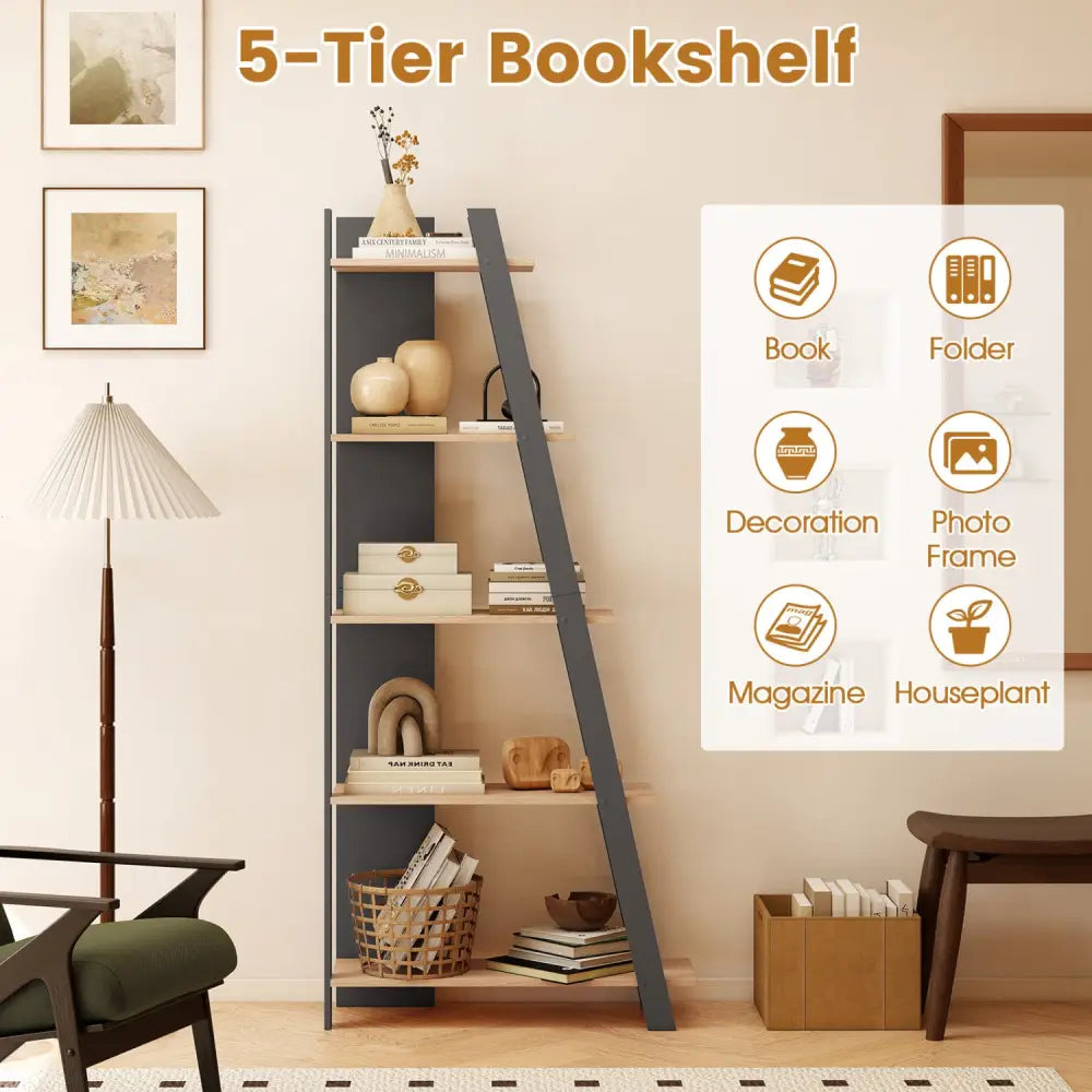 5-Tier Modern Bookshelf Narrow Vertical Display Shelf for Small Space-Gray - Gray - Bookcases