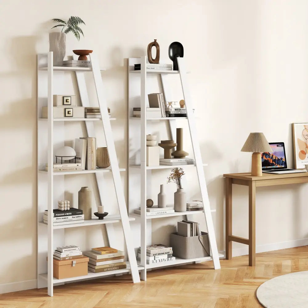5-Tier Modern Bookshelf Narrow Vertical Display Shelf for Small Space-White - White - Bookcases