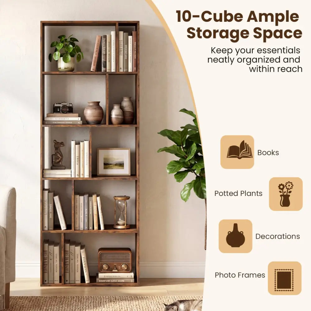 5-Tier Modern Bookshelf with Open Back and 2 Anti-Tipping Kits-Brown - Brown - Bookcases
