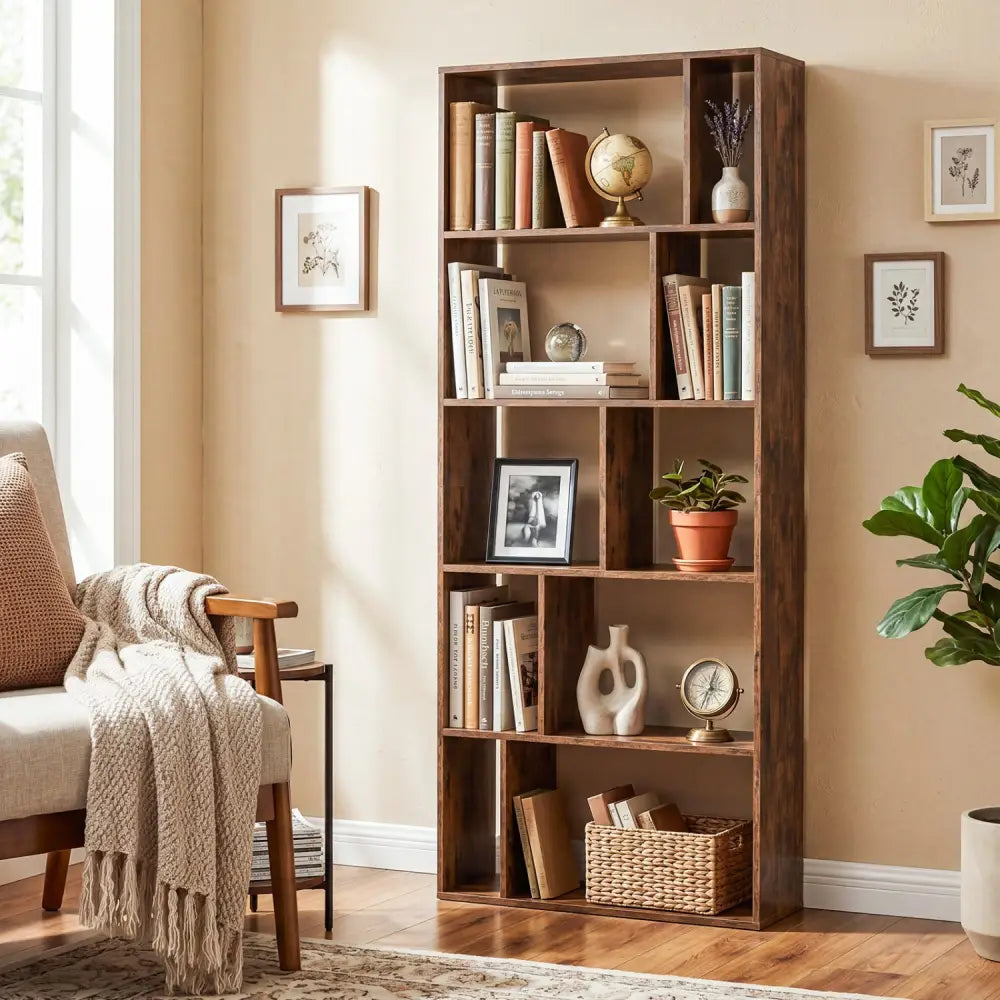 5-Tier Modern Bookshelf with Open Back and 2 Anti-Tipping Kits-Brown - Brown - Bookcases