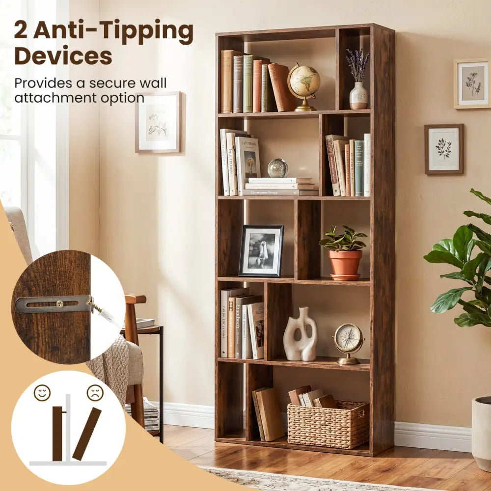 5-Tier Modern Bookshelf with Open Back and 2 Anti-Tipping Kits-Brown - Brown - Bookcases