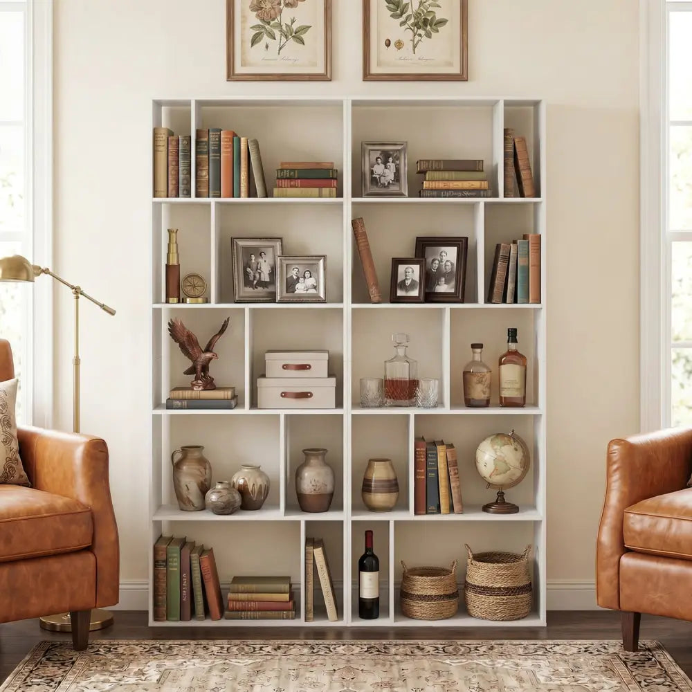 5-Tier Modern Bookshelf with Open Back and 2 Anti-Tipping Kits-White - White - Bookcases