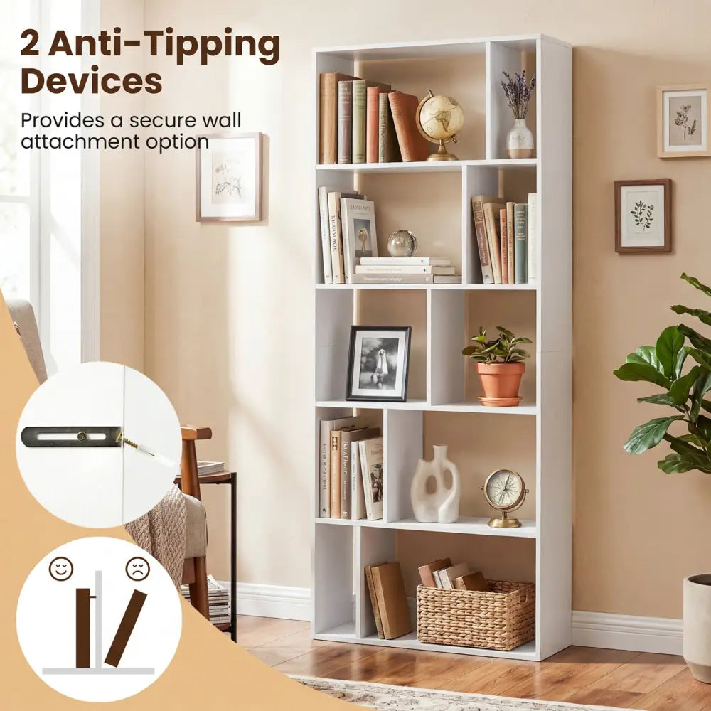 5-Tier Modern Bookshelf with Open Back and 2 Anti-Tipping Kits-White - White - Bookcases
