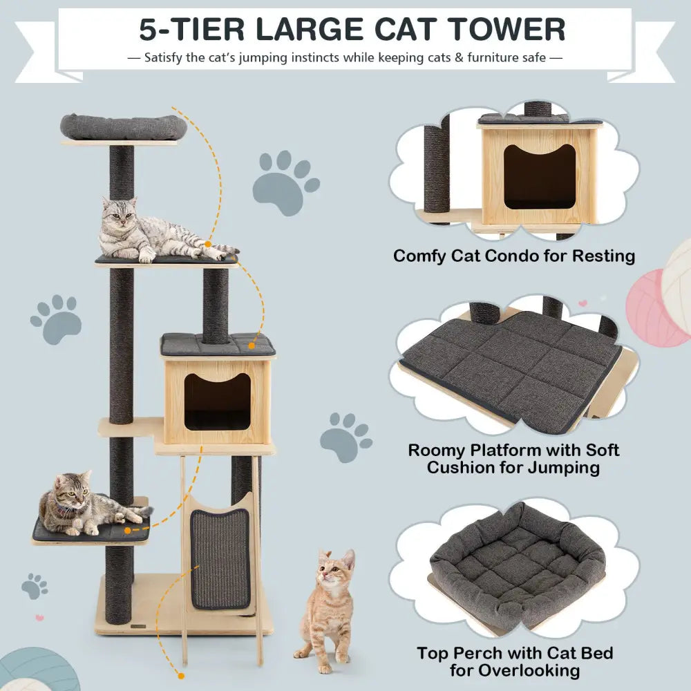 5-Tier Modern Wood Cat Tower with Washable Cushions-Gray - Gray - Cat Trees Condos & Scratchers