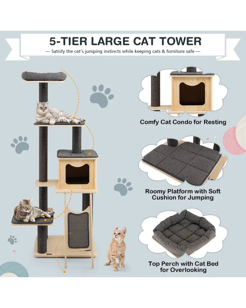 5-Tier Modern Wood Cat Tower with Washable Cushions-Gray - Gray - Cat Trees Condos & Scratchers