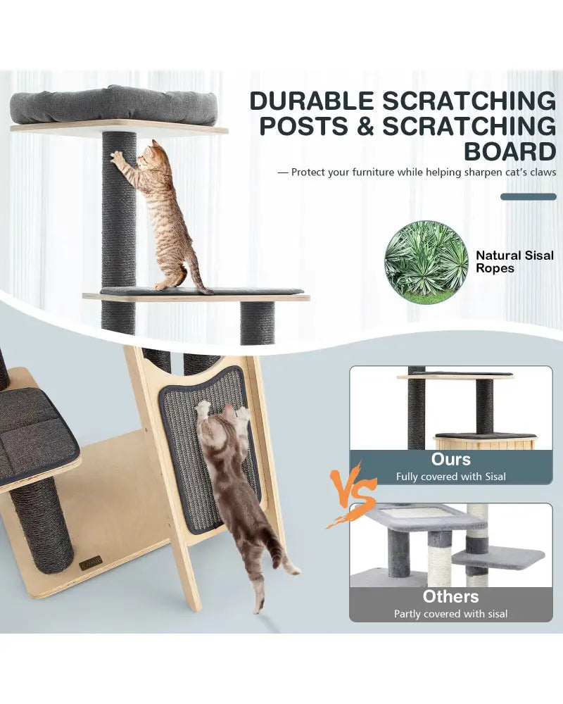 5-Tier Modern Wood Cat Tower with Washable Cushions-Gray - Gray - Cat Trees Condos & Scratchers