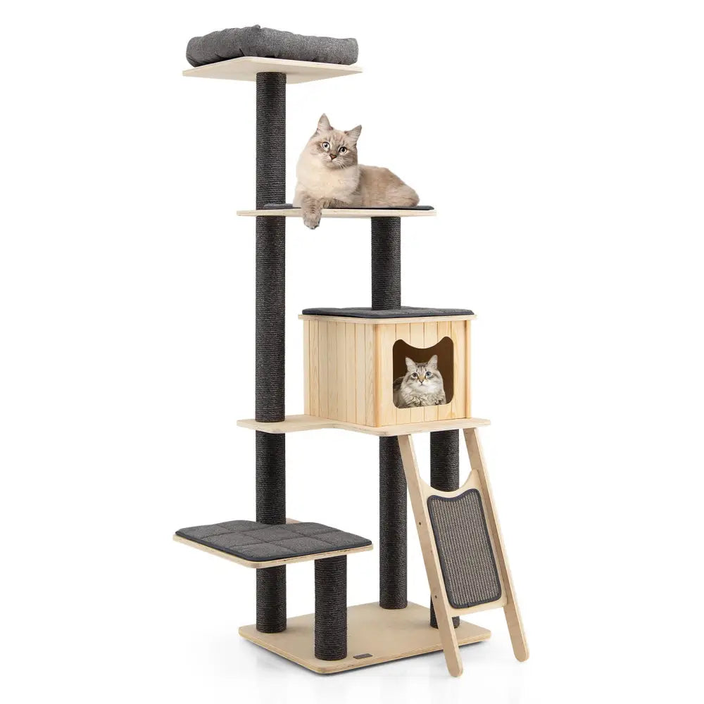 5-Tier Modern Wood Cat Tower with Washable Cushions-Gray - Gray - Cat Trees Condos & Scratchers