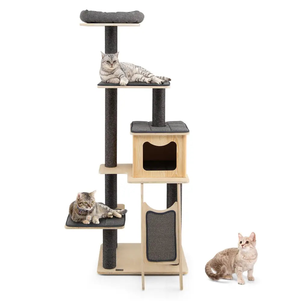 5-Tier Modern Wood Cat Tower with Washable Cushions-Gray - Gray - Cat Trees Condos & Scratchers