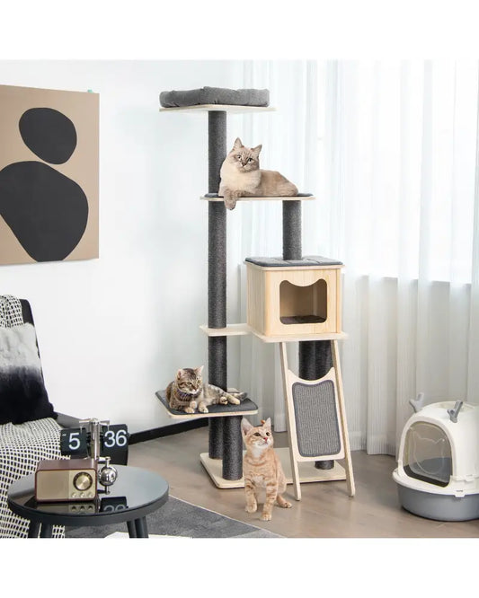 5-Tier Modern Wood Cat Tower with Washable Cushions-Gray - Gray - Cat Trees Condos & Scratchers