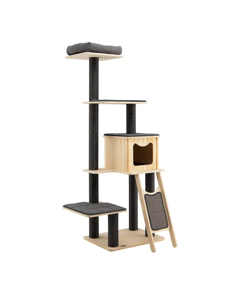 5-Tier Modern Wood Cat Tower with Washable Cushions-Gray - Gray - Cat Trees Condos & Scratchers