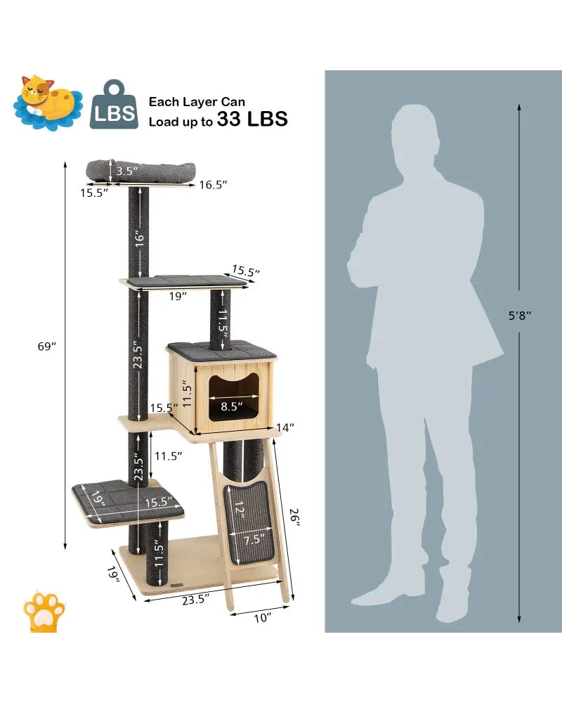 5-Tier Modern Wood Cat Tower with Washable Cushions-Gray - Gray - Cat Trees Condos & Scratchers