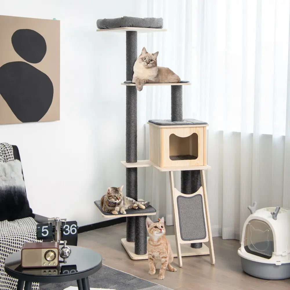 5-Tier Modern Wood Cat Tower with Washable Cushions-Gray - Gray - Cat Trees Condos & Scratchers
