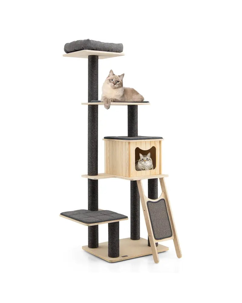 5-Tier Modern Wood Cat Tower with Washable Cushions-Gray - Gray - Cat Trees Condos & Scratchers