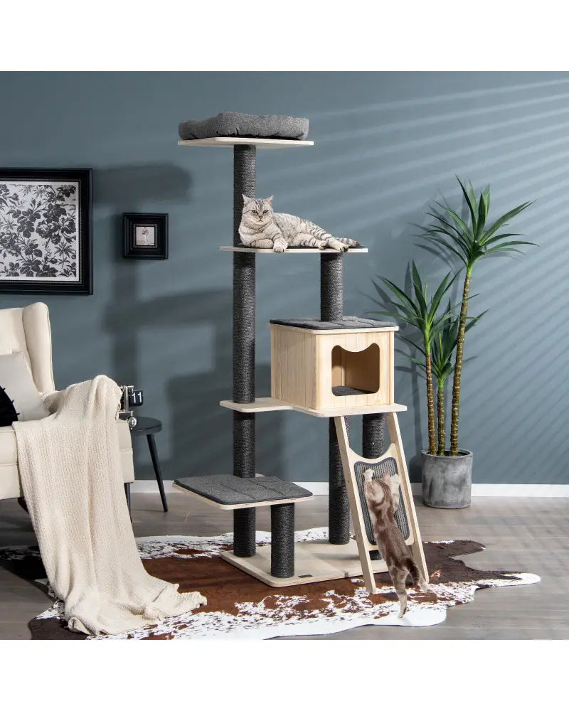 5-Tier Modern Wood Cat Tower with Washable Cushions-Gray - Gray - Cat Trees Condos & Scratchers