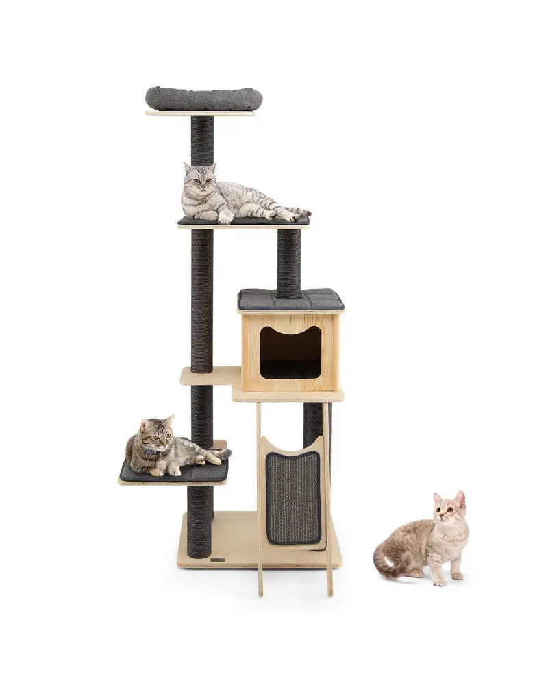 5-Tier Modern Wood Cat Tower with Washable Cushions-Gray - Gray - Cat Trees Condos & Scratchers