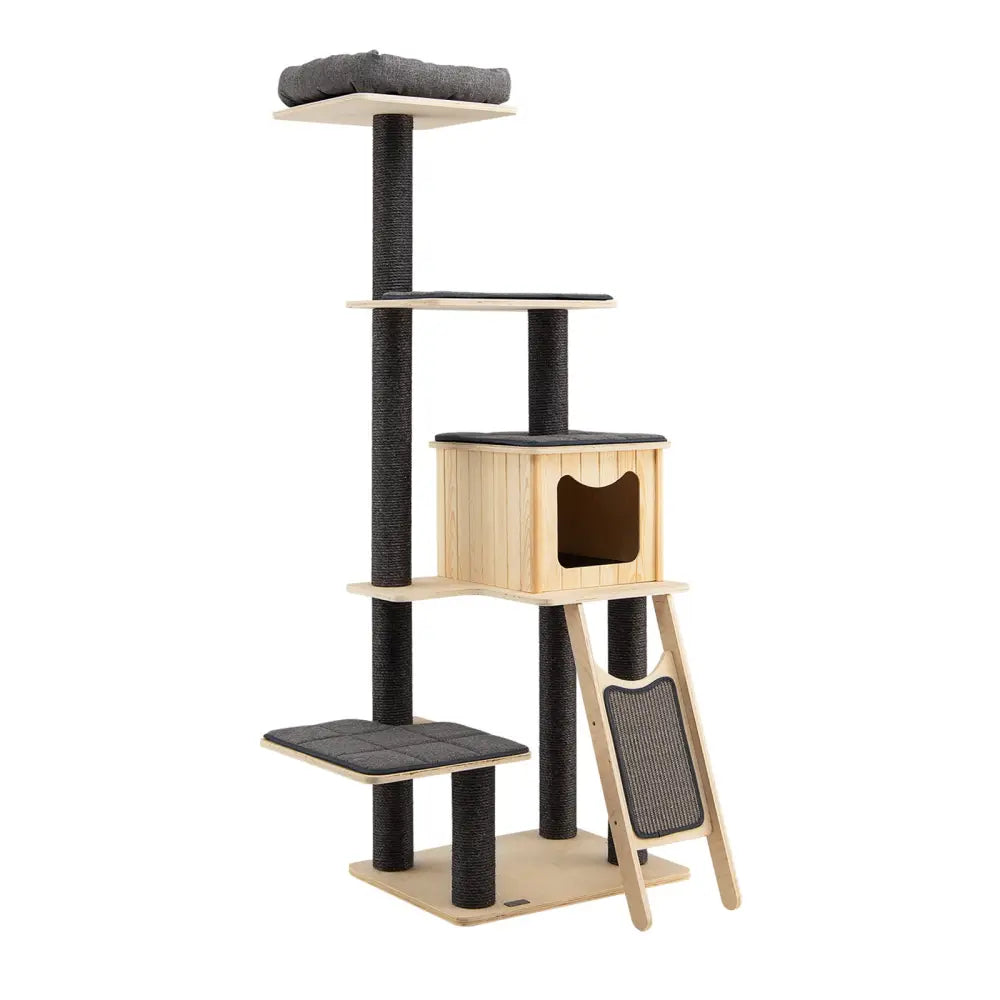 5-Tier Modern Wood Cat Tower with Washable Cushions-Gray - Gray - Cat Trees Condos & Scratchers