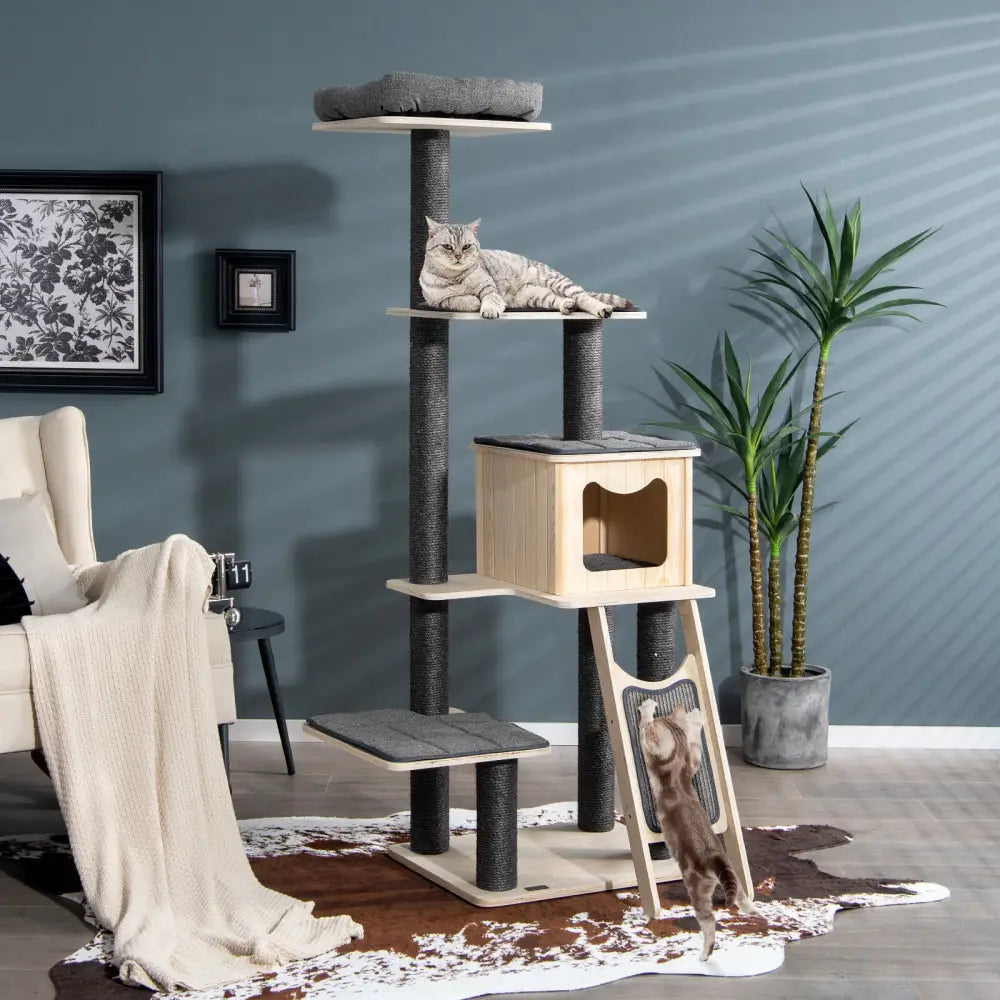 5-Tier Modern Wood Cat Tower with Washable Cushions-Gray - Gray - Cat Trees Condos & Scratchers