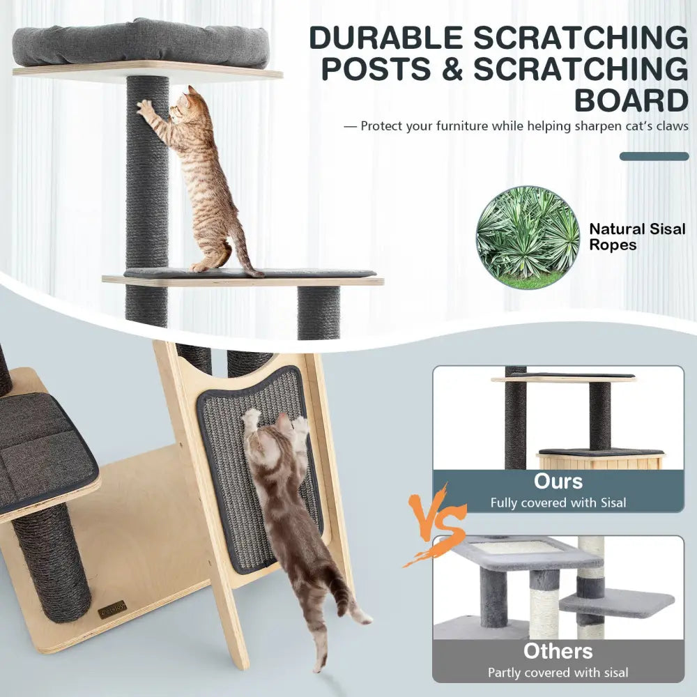 5-Tier Modern Wood Cat Tower with Washable Cushions-Gray - Gray - Cat Trees Condos & Scratchers