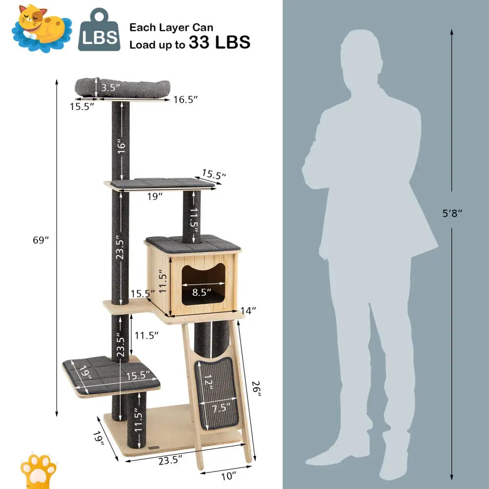 5-Tier Modern Wood Cat Tower with Washable Cushions-Gray - Gray - Cat Trees Condos & Scratchers