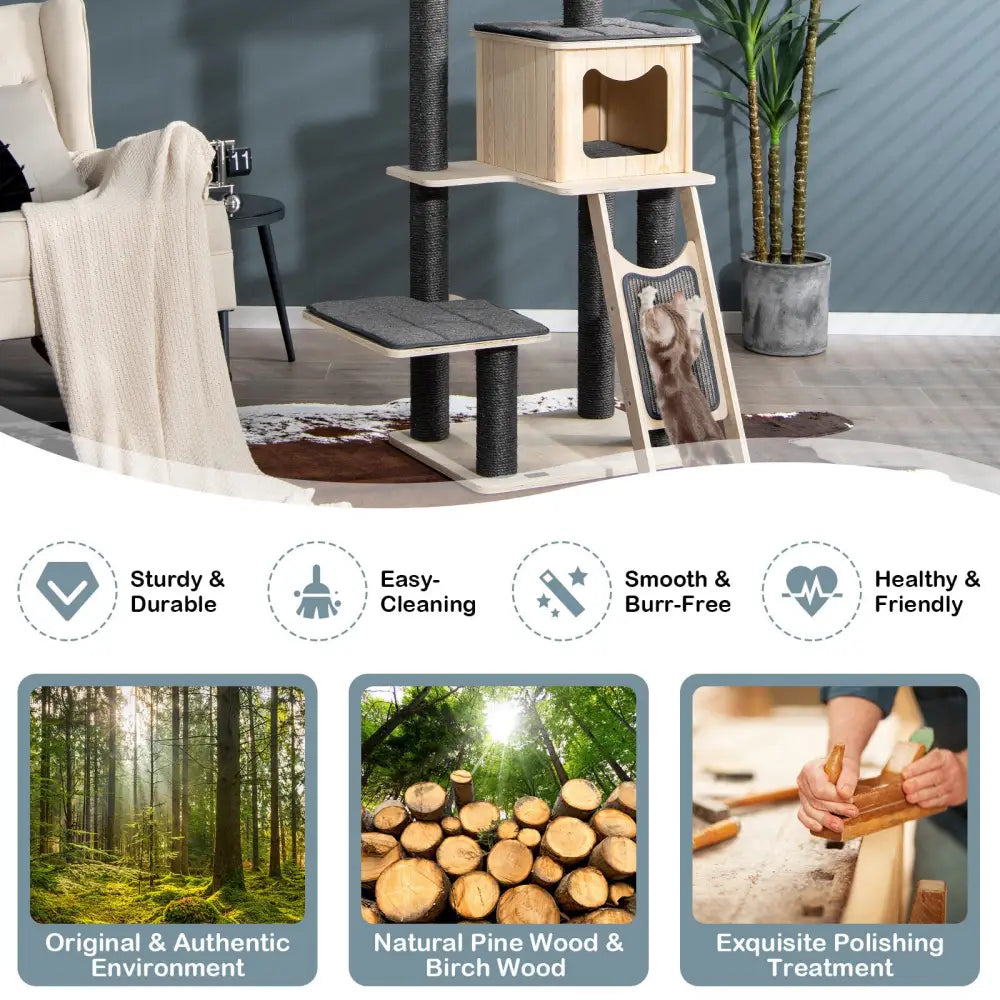 5-Tier Modern Wood Cat Tower with Washable Cushions-Gray - Gray - Cat Trees Condos & Scratchers