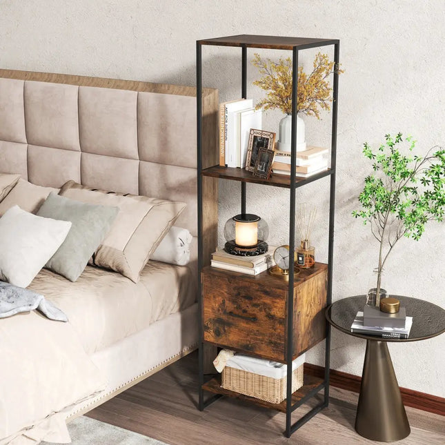 5-Tier Narrow Bookcase with 4 Open Shelves and Storage Drawer-Rustic Brown - Rustic Brown - Bookcases