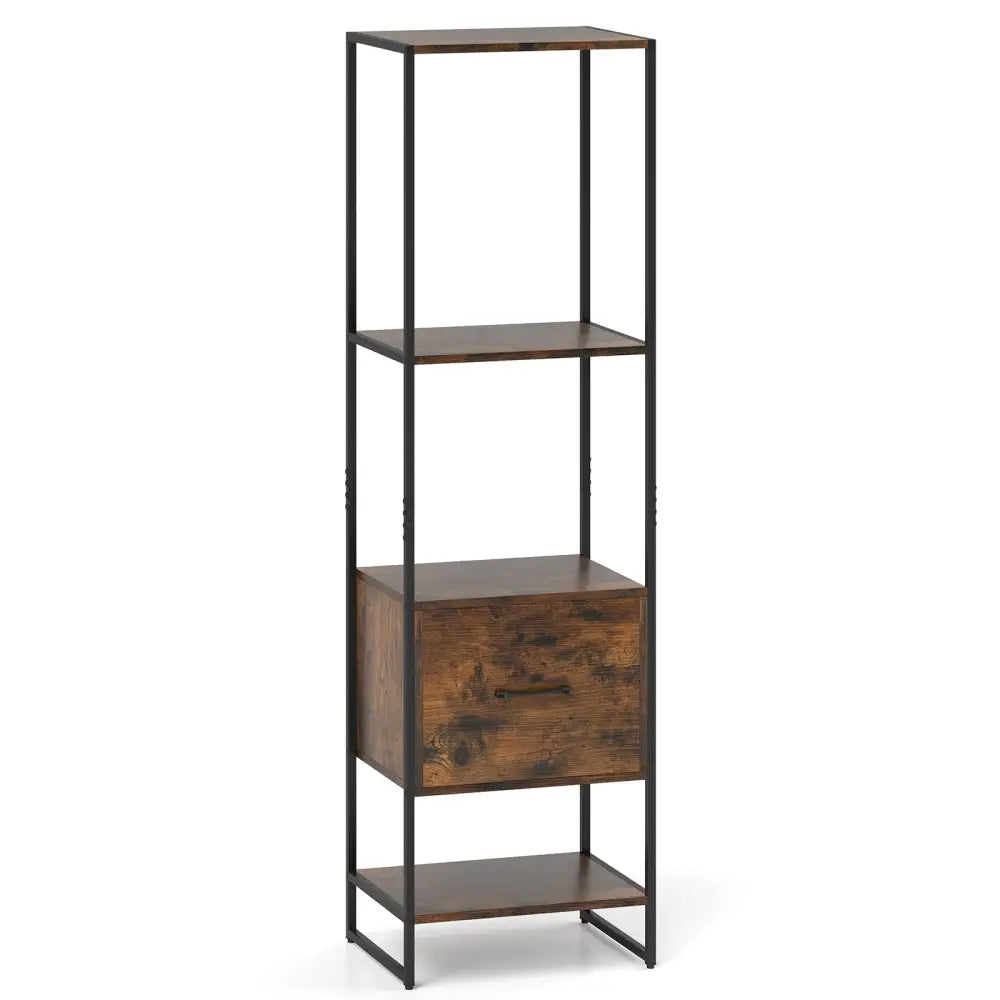 5-Tier Narrow Bookcase with 4 Open Shelves and Storage Drawer-Rustic Brown - Rustic Brown - Bookcases