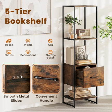 5-Tier Narrow Bookcase with 4 Open Shelves and Storage Drawer-Rustic Brown - Rustic Brown - Bookcases