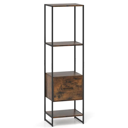 5-Tier Narrow Bookcase with 4 Open Shelves and Storage Drawer-Rustic Brown - Rustic Brown - Bookcases